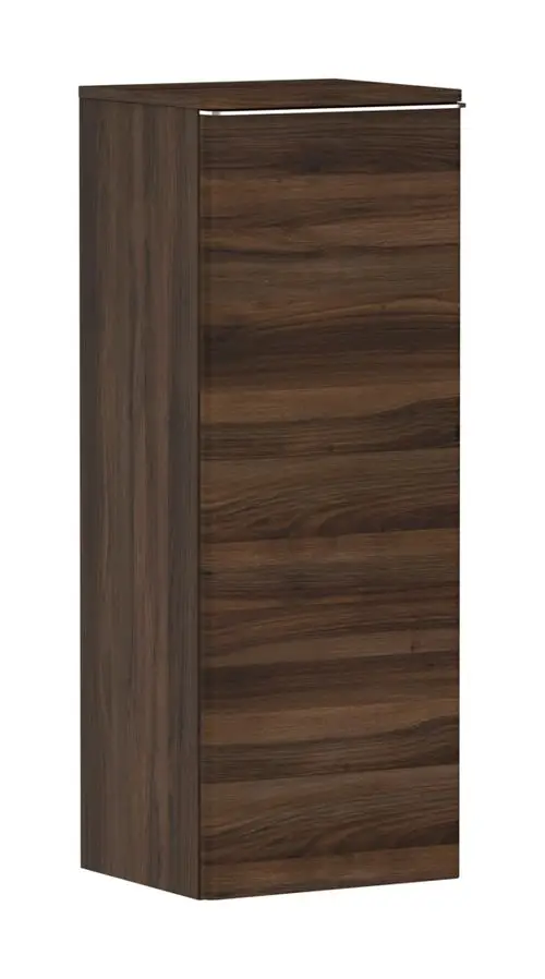 Dunkler, rechtsanschlagender Hochschrank mit holzähnlicher Oberfläche, möglicherweise von Hansgrohe, in schlichtem Design und rechteckiger Form.